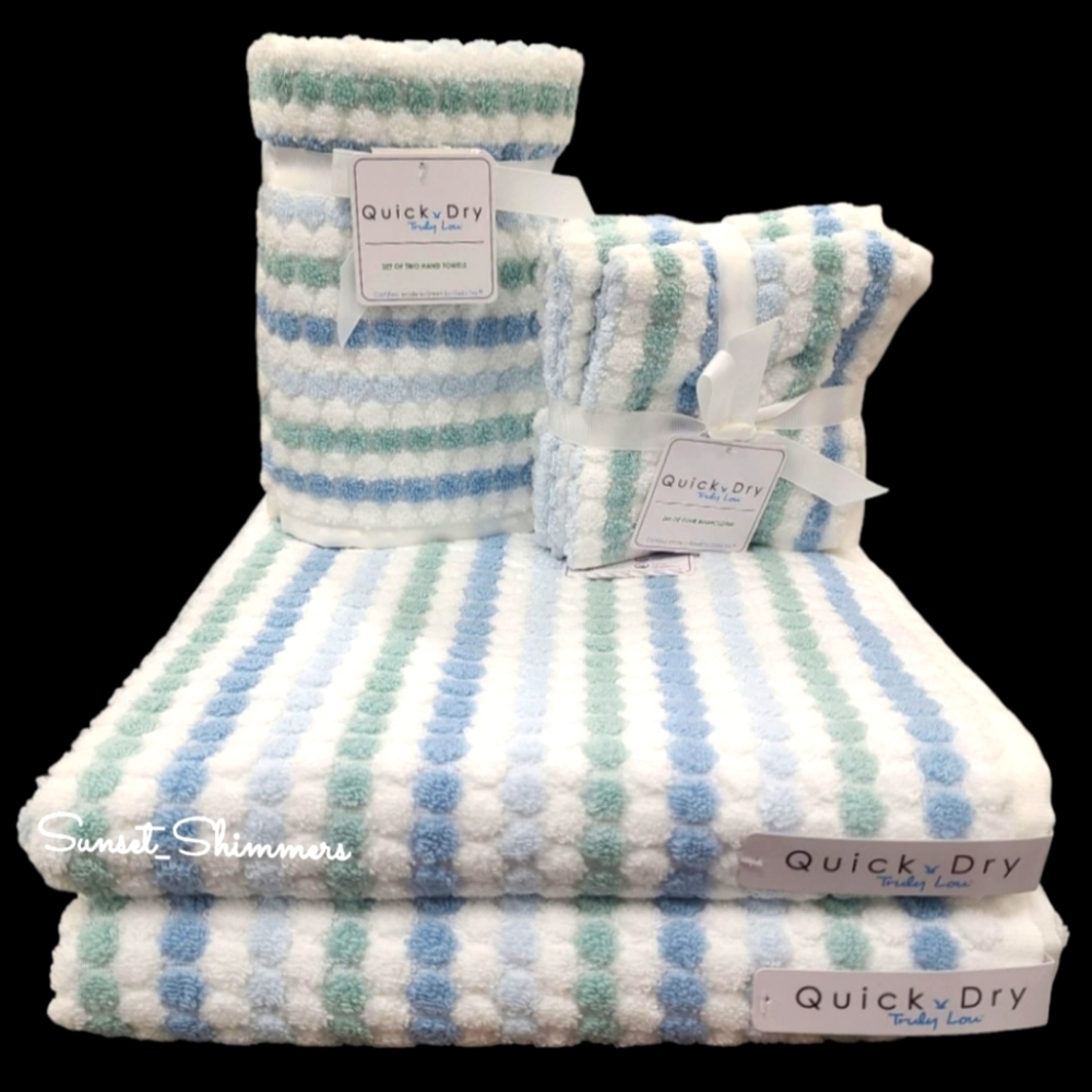 8pc Truly Lou Bath Hand Washcloth Striped Dot Blue Green Towel Set Quick Dry New